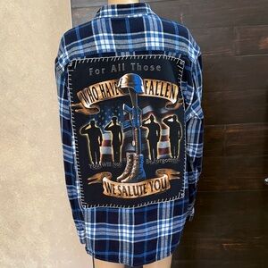 Upcycled Old Navy Fallen Veterans Blue Plaid Flannel Size XL
